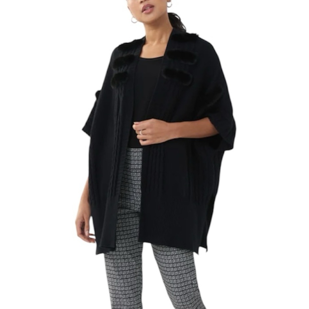 Joseph Ribkoff fur trimmed open front poncho vest M/L